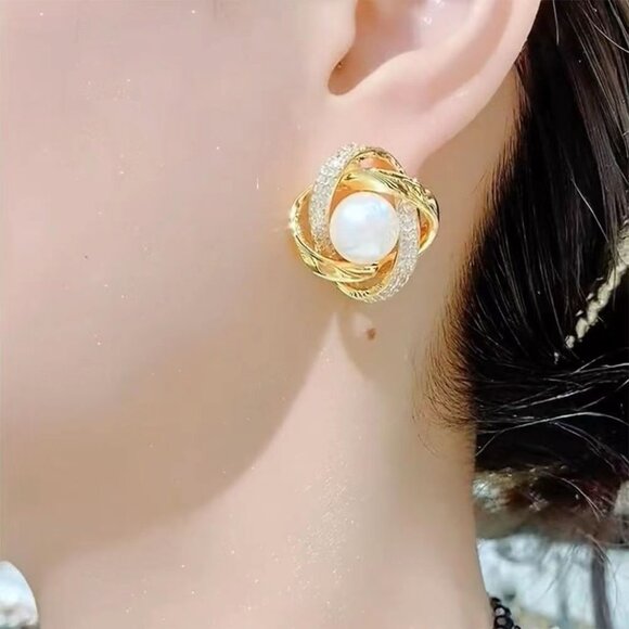 3/$35 Elegant Gold Pave Rhinestone Twist Flower Faux Pearl Stud Earrings Jewelry - Picture 5 of 7